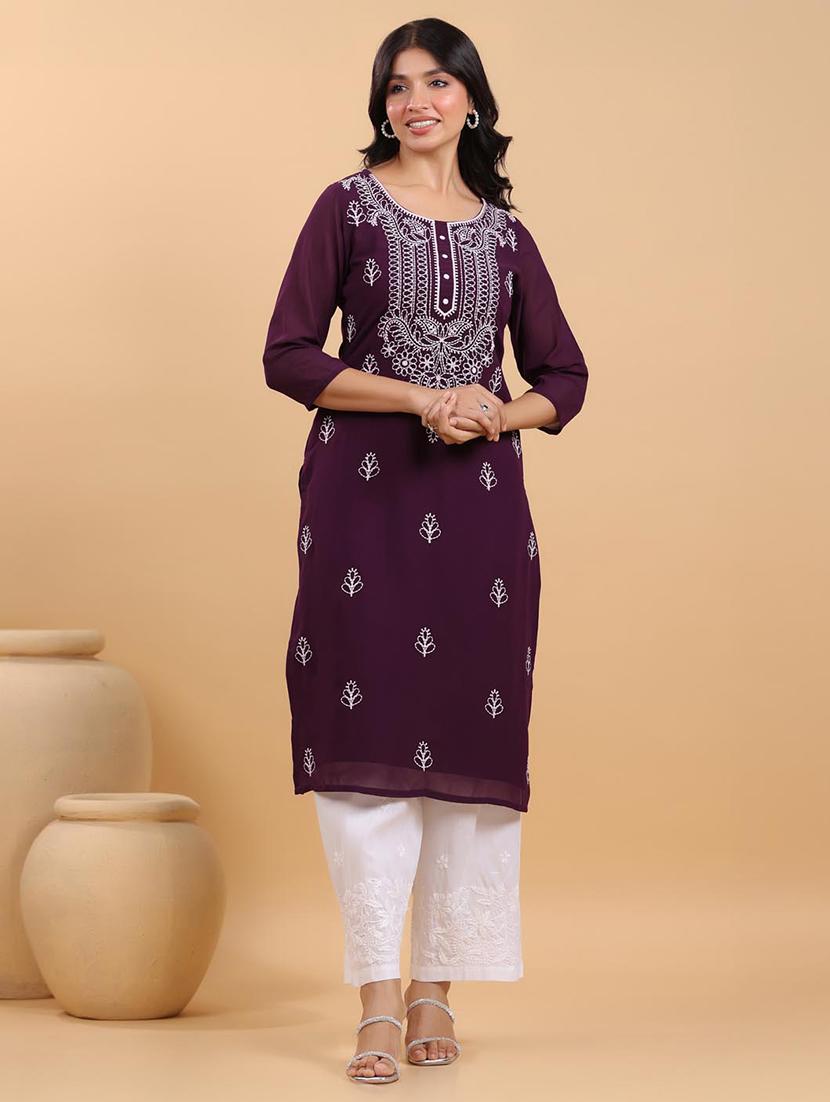 women embroidered three quarter sleeve straight kurta - 21663984 - Standard Image - 3