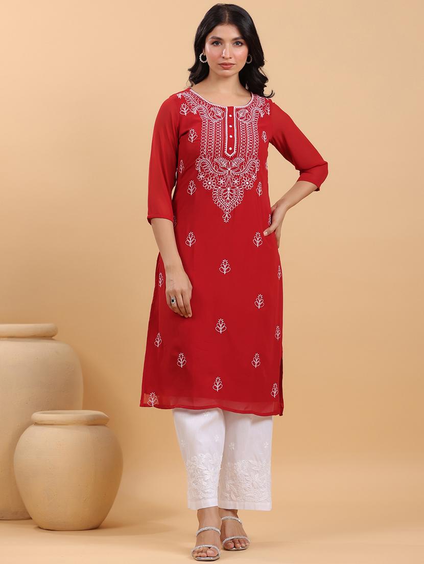 women embroidered three quarter sleeve straight kurta - 21663986 - Zoom Image - 0