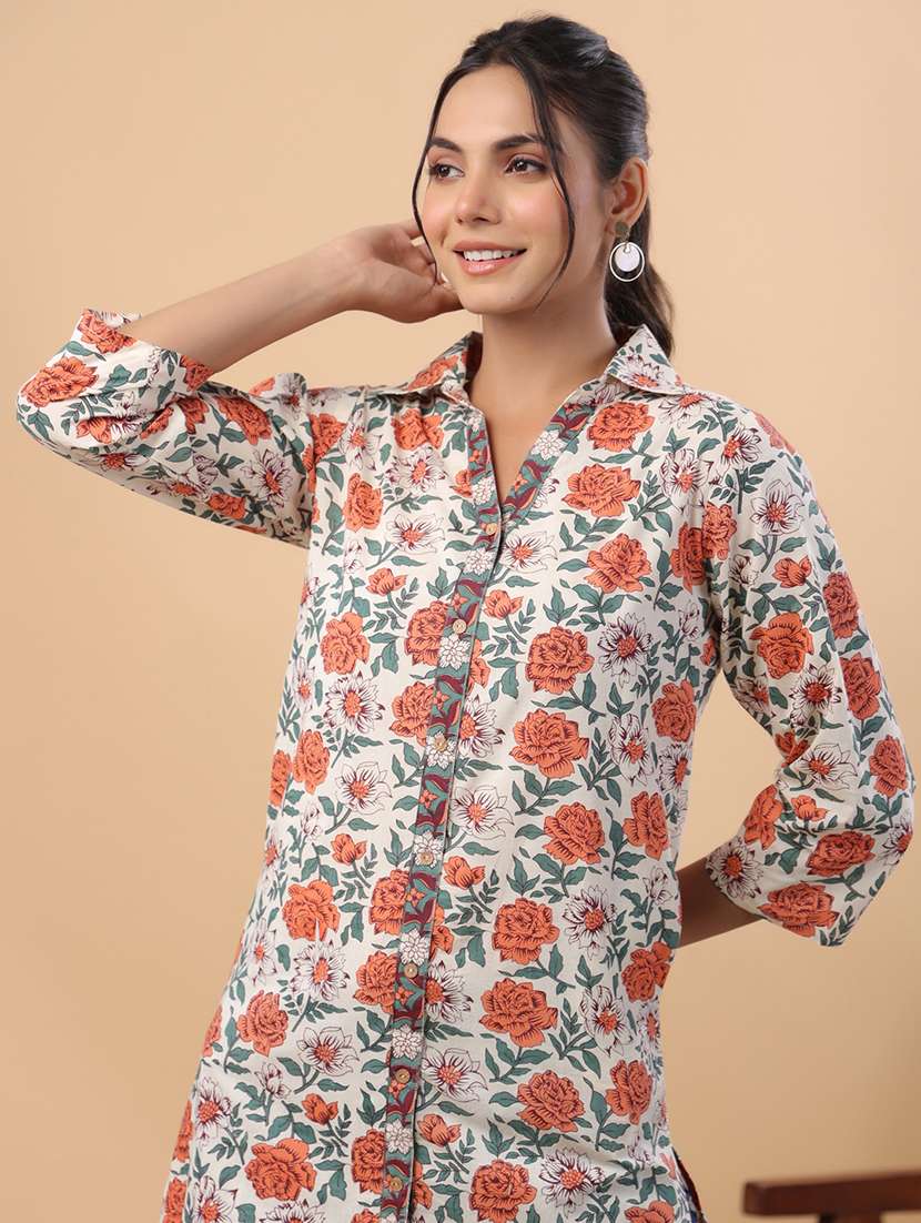 women cream floral printed side slit tunic - 21663989 -  Standard Image - 5