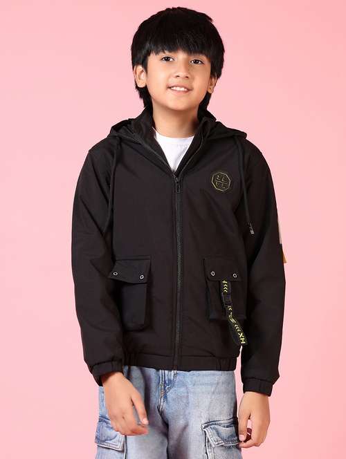 boys black hooded solid bomber jacket - 21664513 -  Standard Image - 0