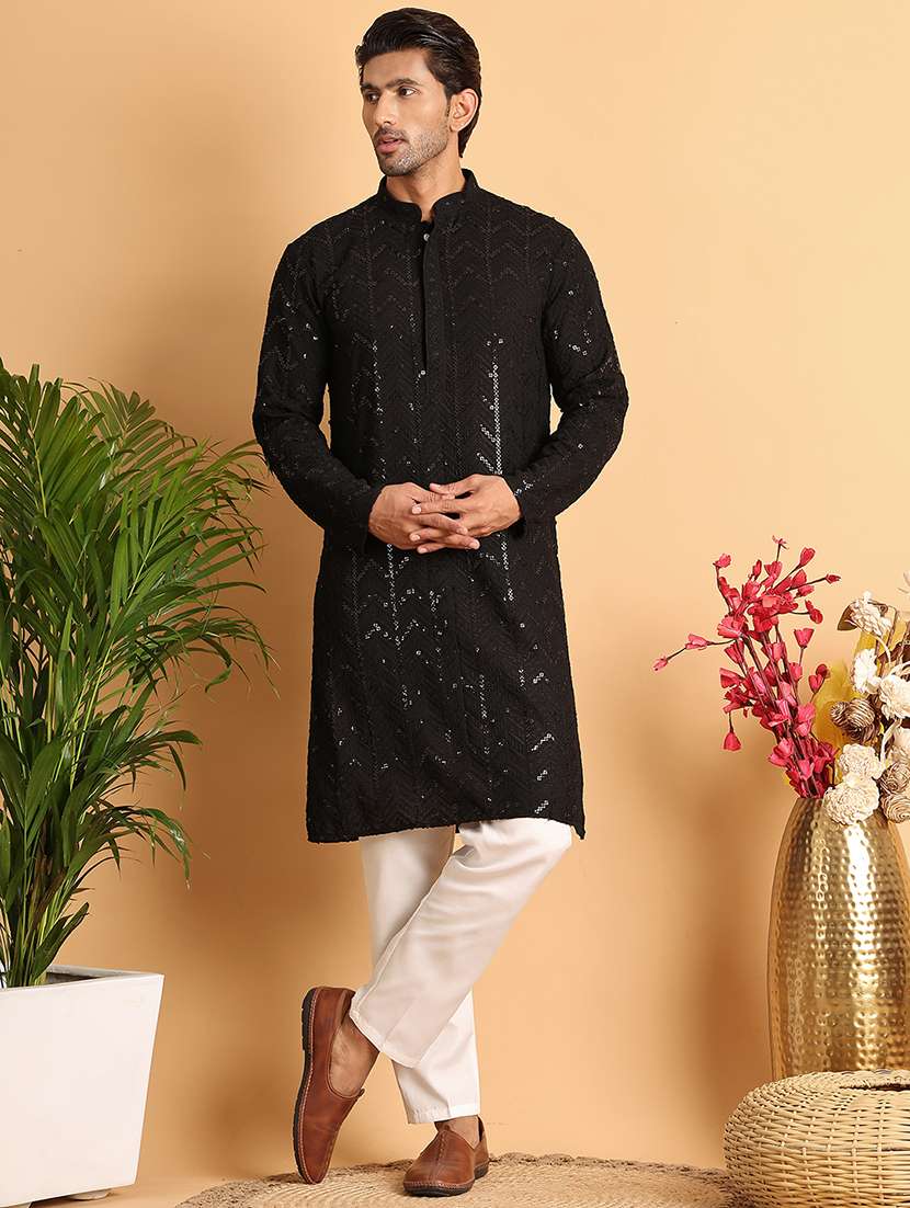 men mandarin neck sequined kurta pyjama set - 21664822 - Zoom Image - 0