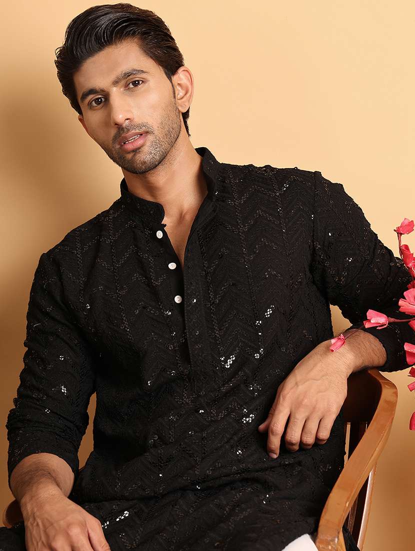 men mandarin neck sequined kurta pyjama set - 21664822 - Standard Image - 3
