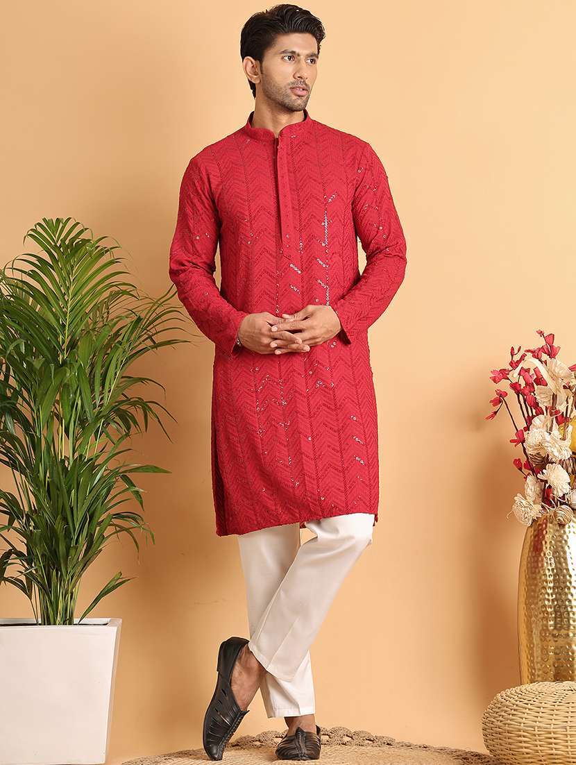 men mandarin neck sequined kurta pyjama set