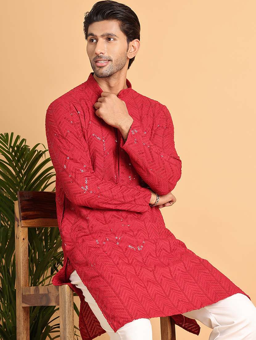 men mandarin neck sequined kurta pyjama set - 21664824 -  Standard Image - 3