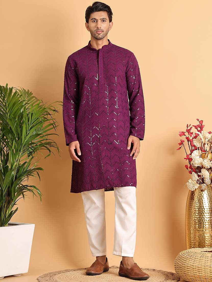 men mandarin neck sequined kurta pyjama set - 21664825 -  Zoom Image - 0