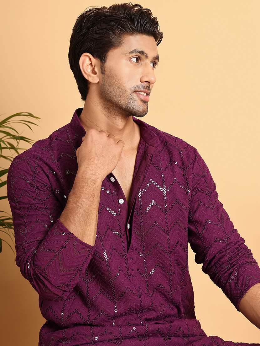 men mandarin neck sequined kurta pyjama set - 21664825 -  Standard Image - 3