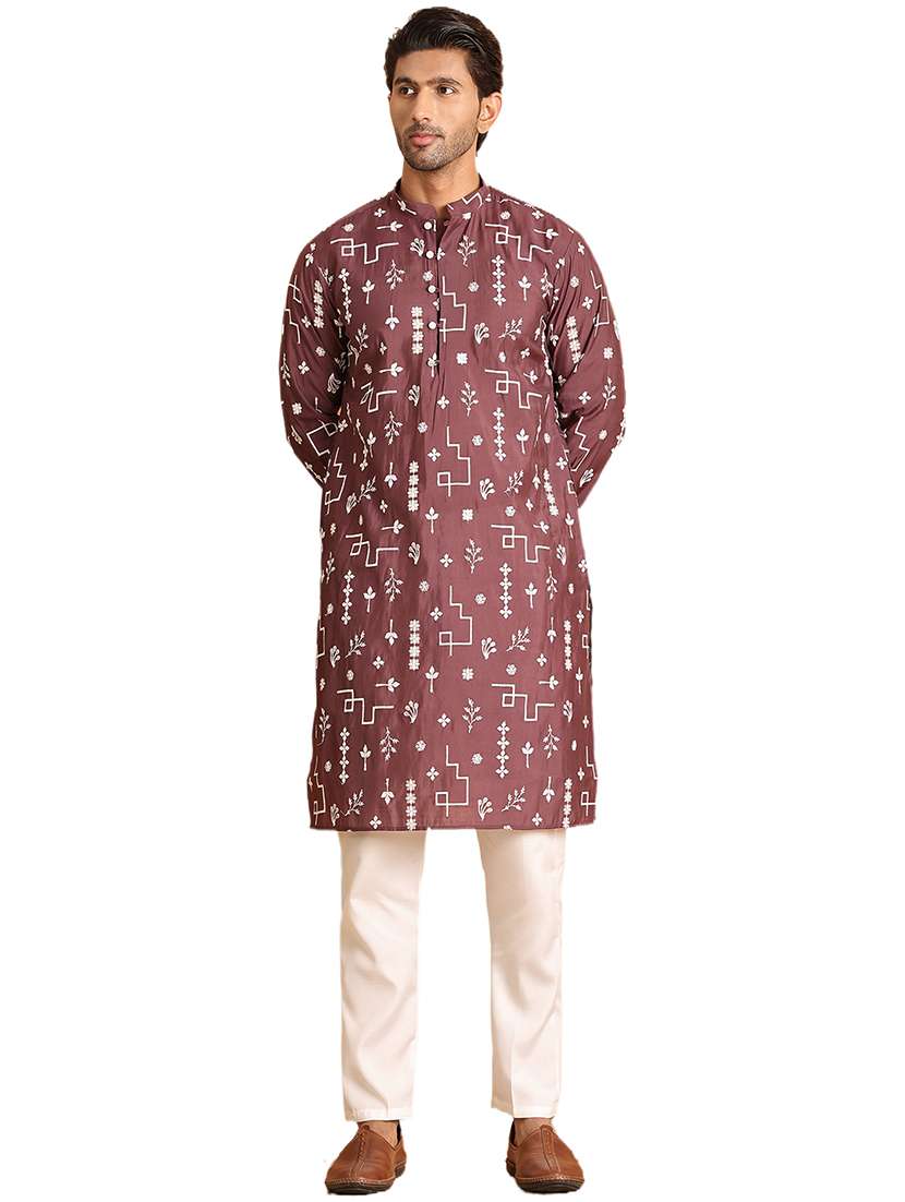 men mandarin neck embroidered kurta pyjama set