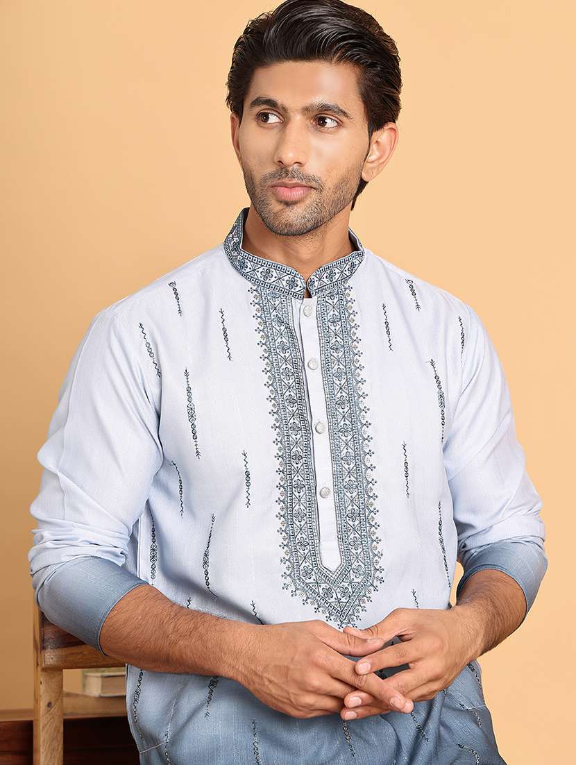 men mandarin neck embroidered kurta pyjama set - 21664836 - Standard Image - 3