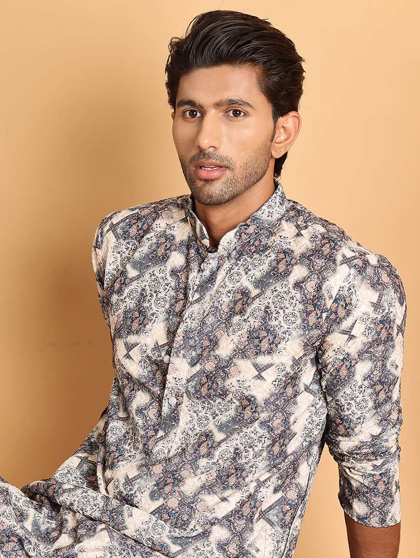 men mandarin neck printed kurta pyjama set - 21664860 -  Standard Image - 3