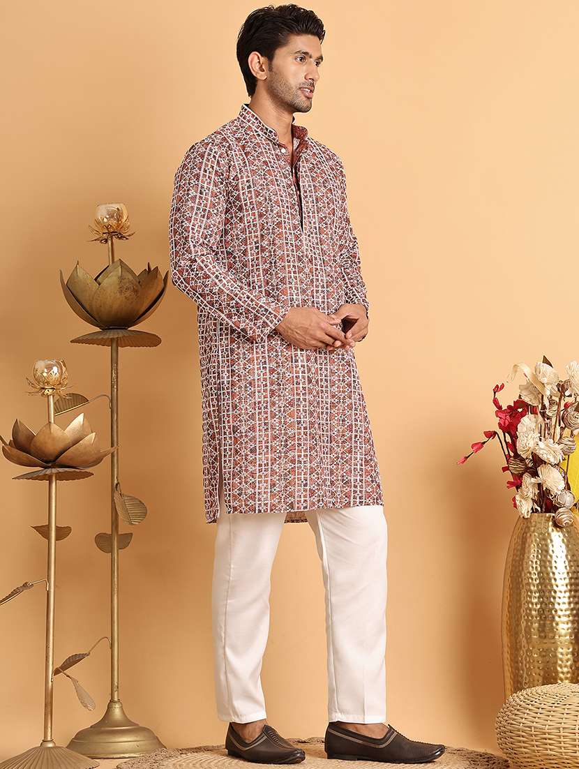 men mandarin neck printed kurta pyjama set - 21664861 - Zoom Image - 0