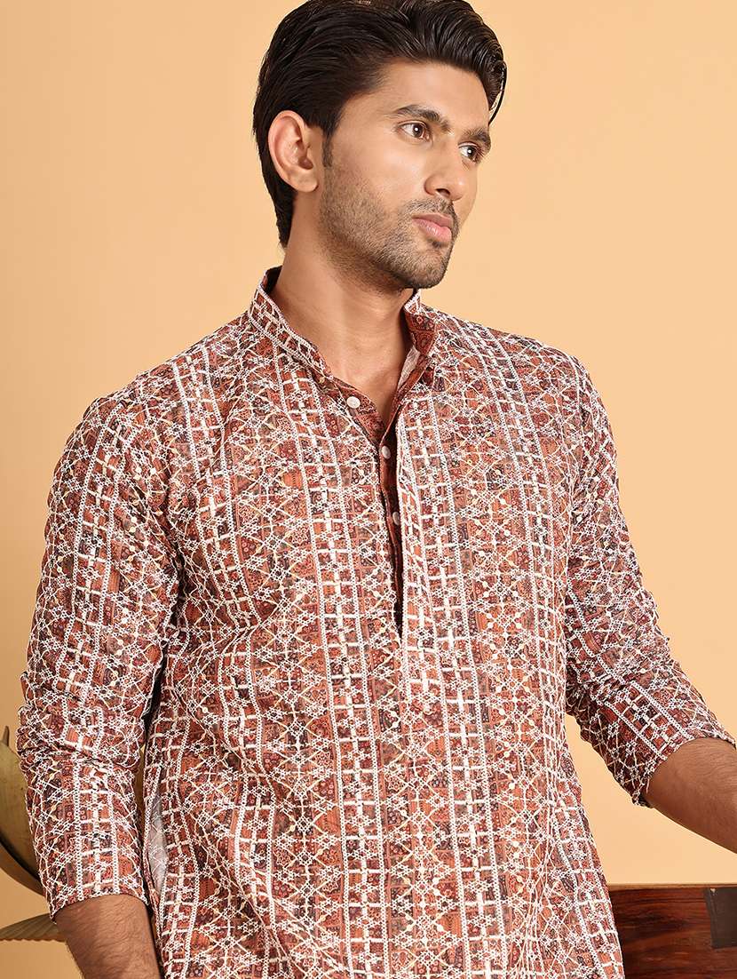 men mandarin neck printed kurta pyjama set - 21664861 - Standard Image - 3