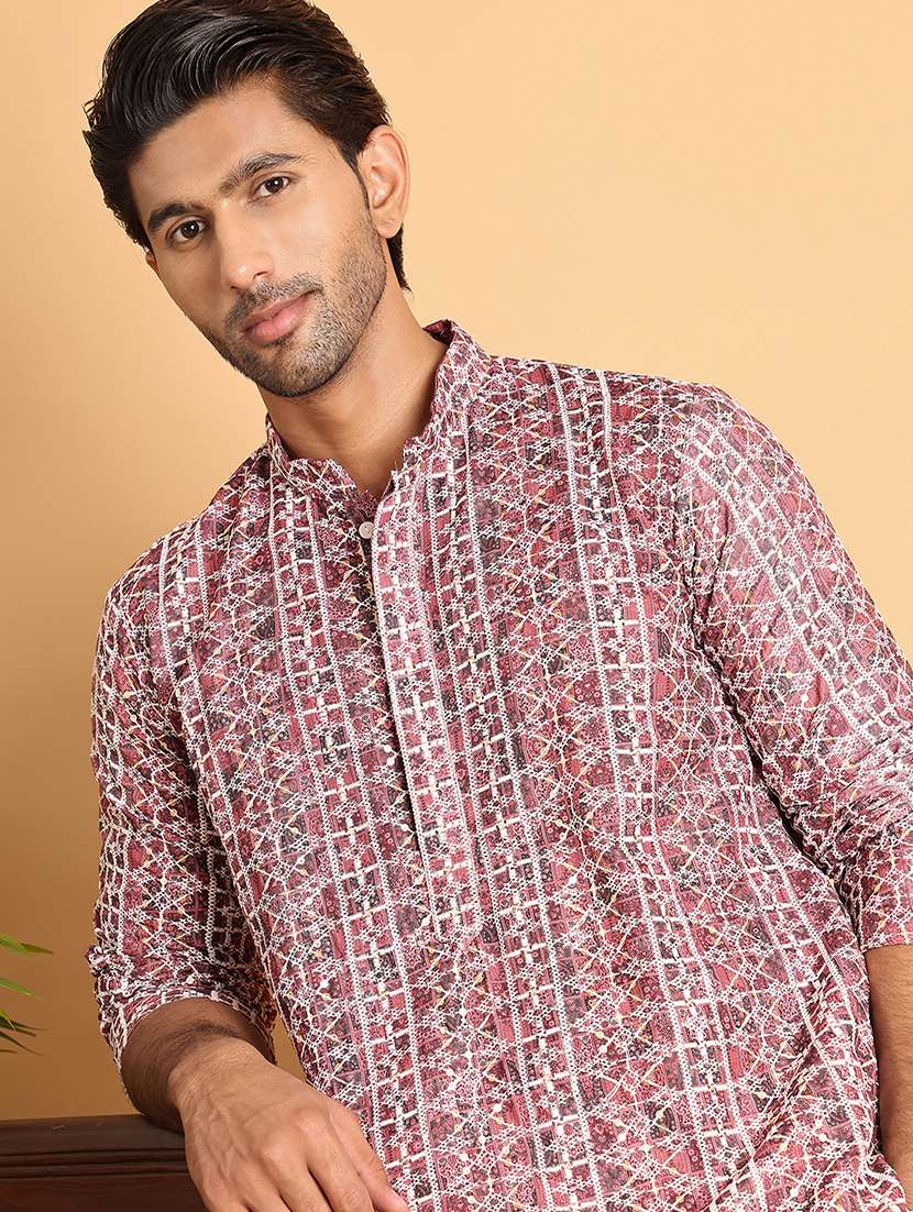 men mandarin neck printed kurta pyjama set - 21664862 - Standard Image - 3
