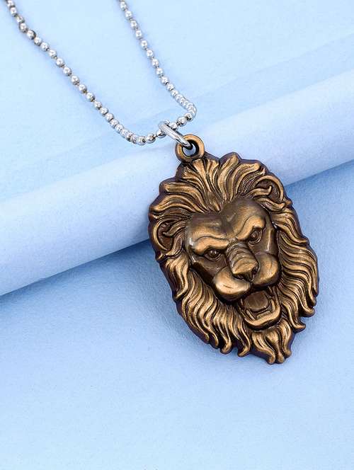 men antique finish gold look lion narsimha tiger head pendant with chain - 21664873 -  Standard Image - 0