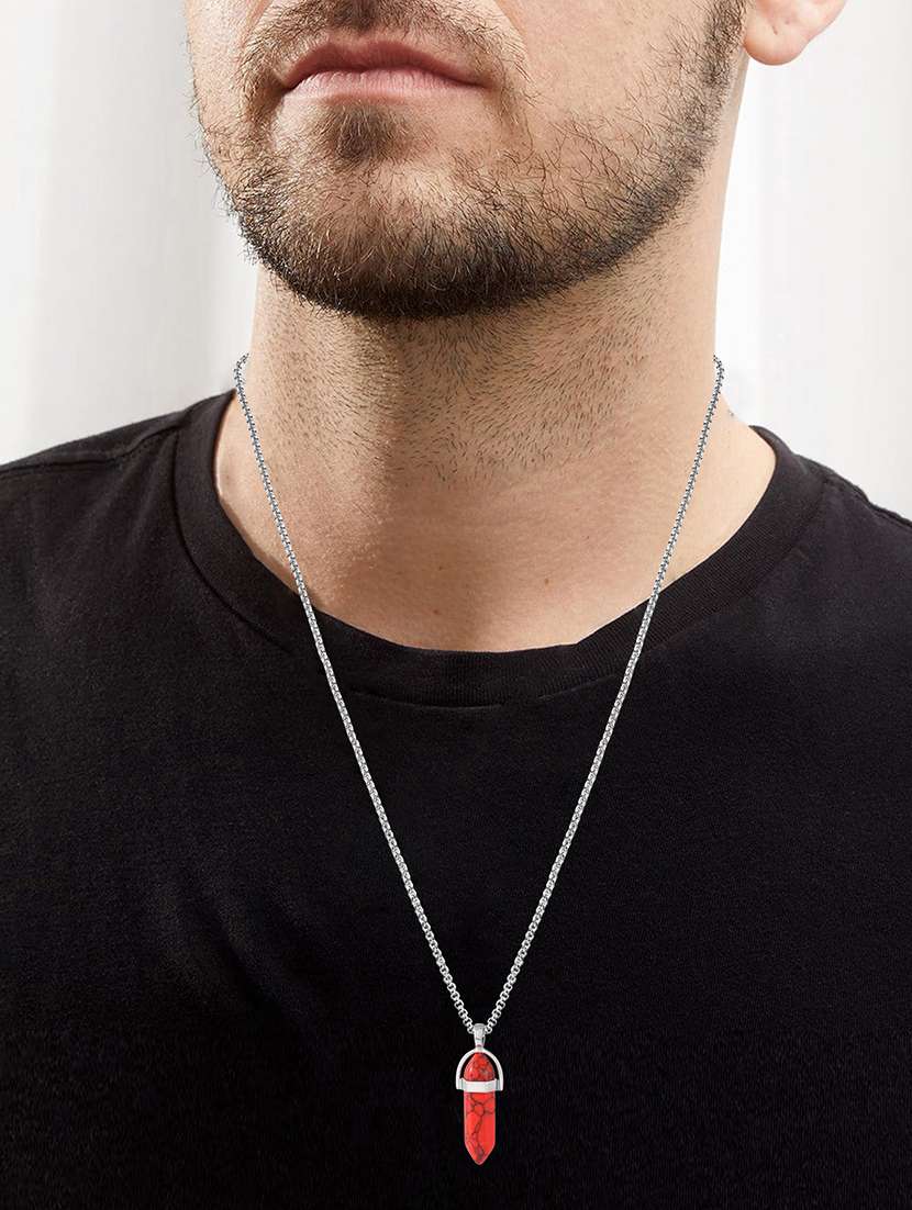 men natural red hand chiselled energised stone pendant with chain - 21664880 -  Standard Image - 3