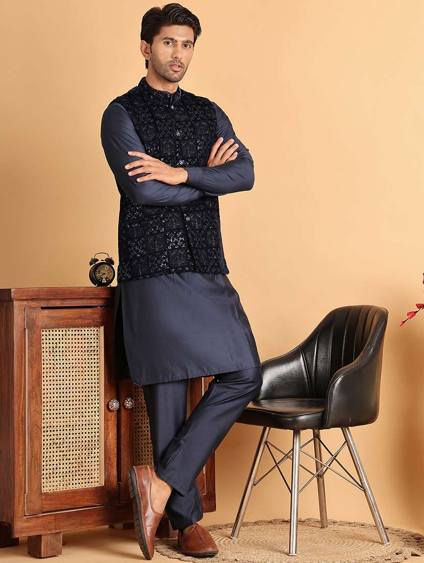 men blue embroidered nehru jacket