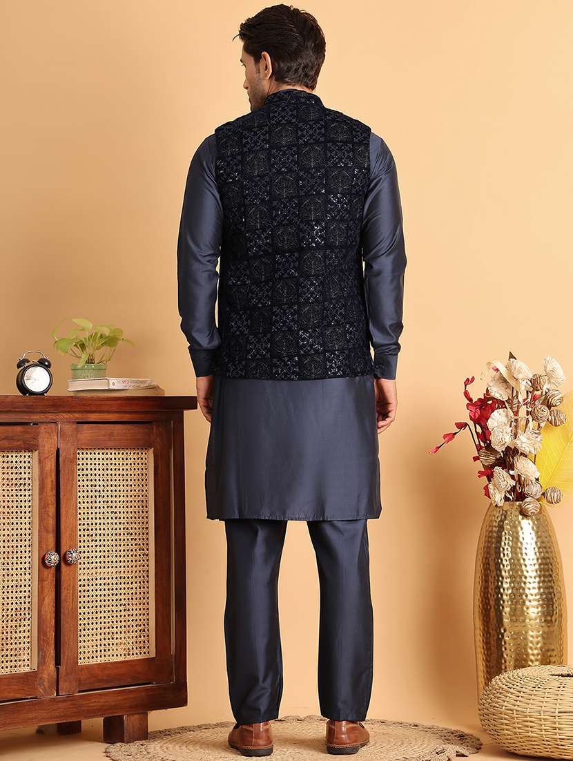 men blue embroidered nehru jacket - 21664908 -  Standard Image - 3