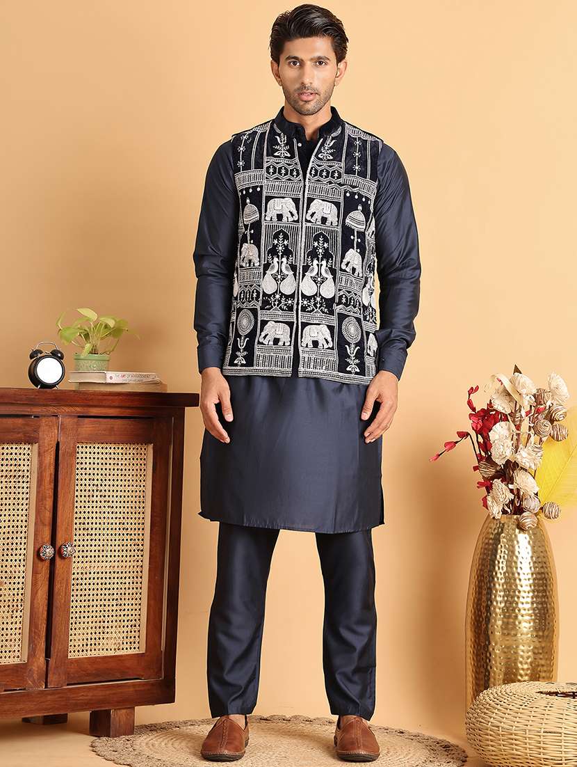 men blue embroidered nehru jacket