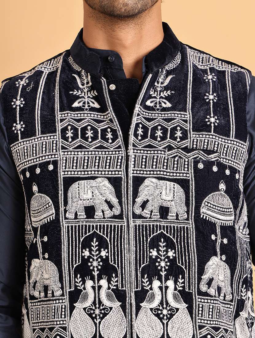 men blue embroidered nehru jacket - 21664911 -  Standard Image - 5