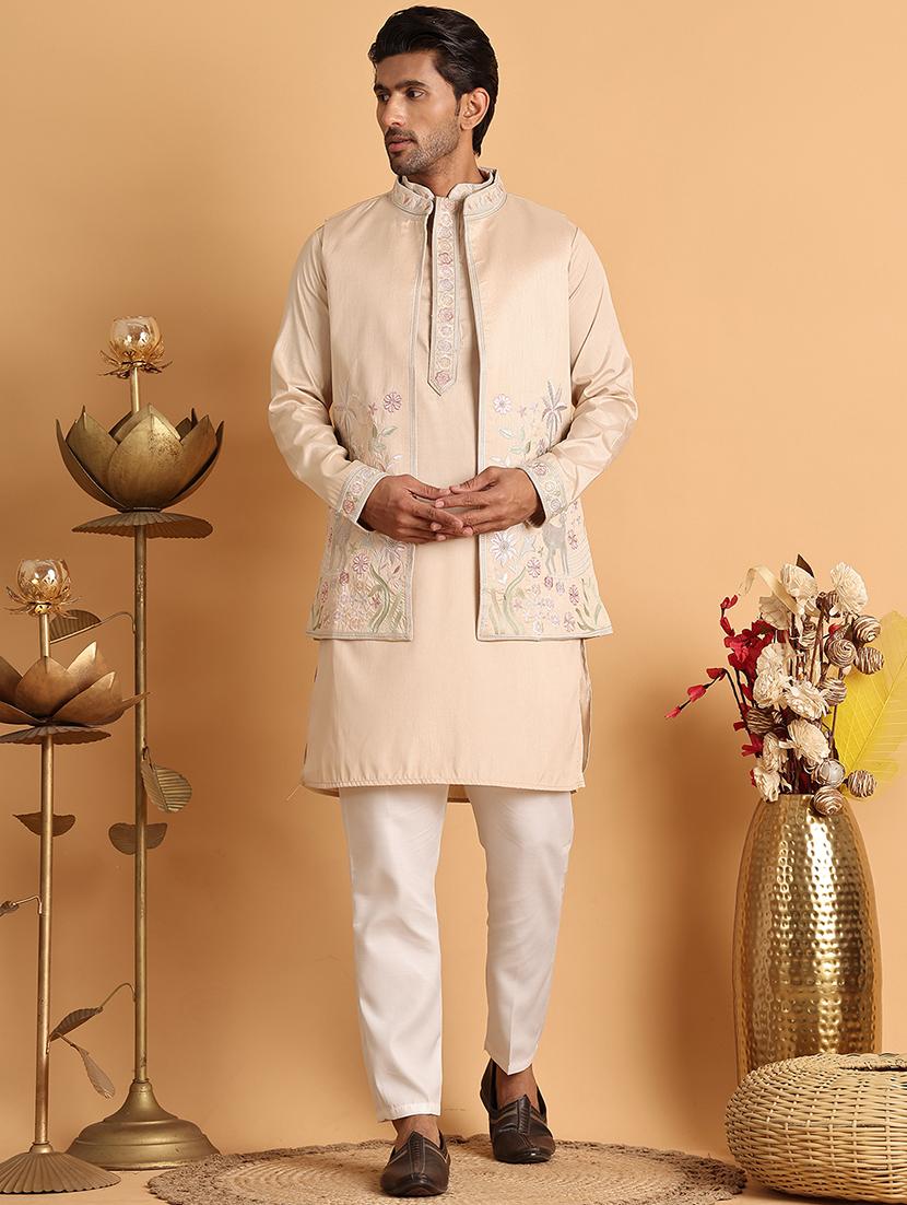 men cream embroidered nehru jacket - 21664914 - Zoom Image - 0