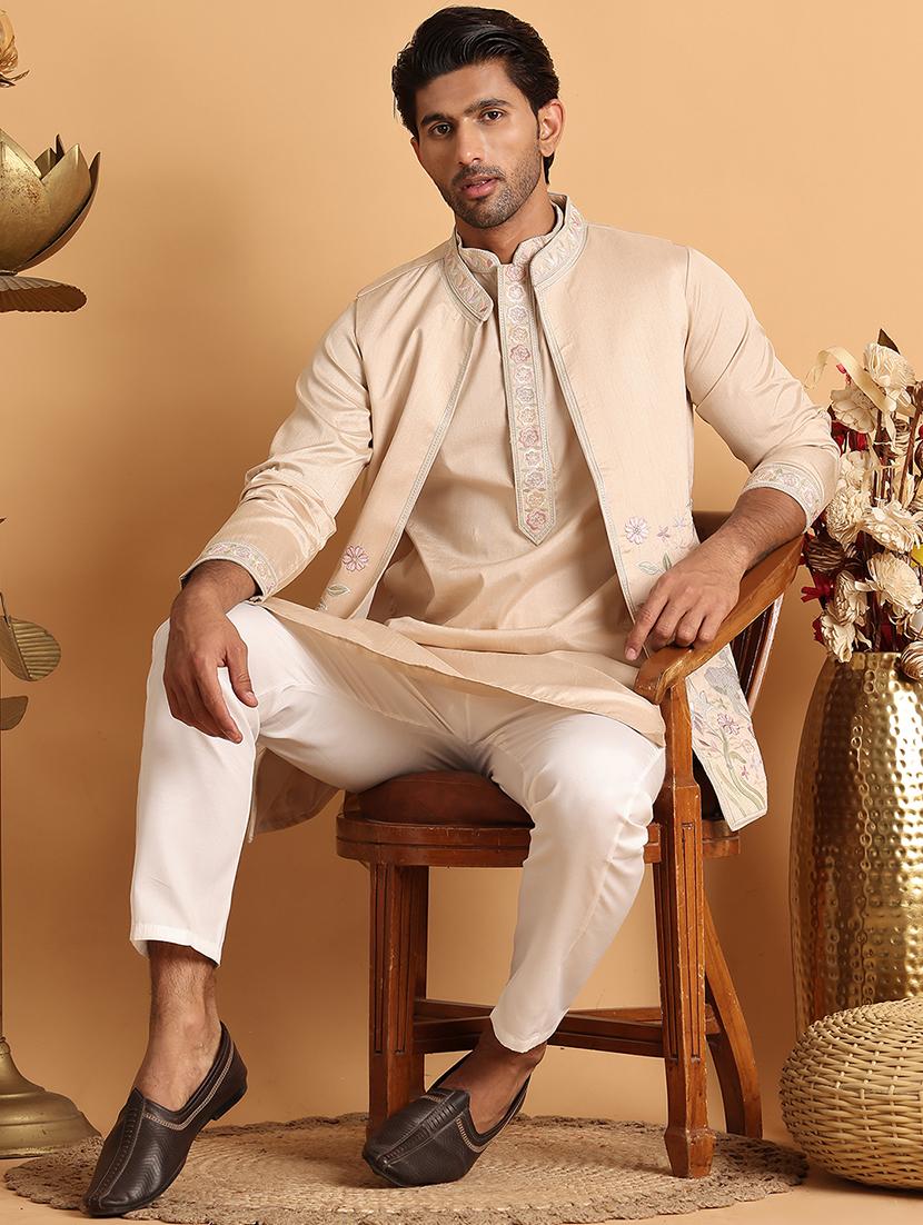 men cream embroidered nehru jacket - 21664914 - Standard Image - 3