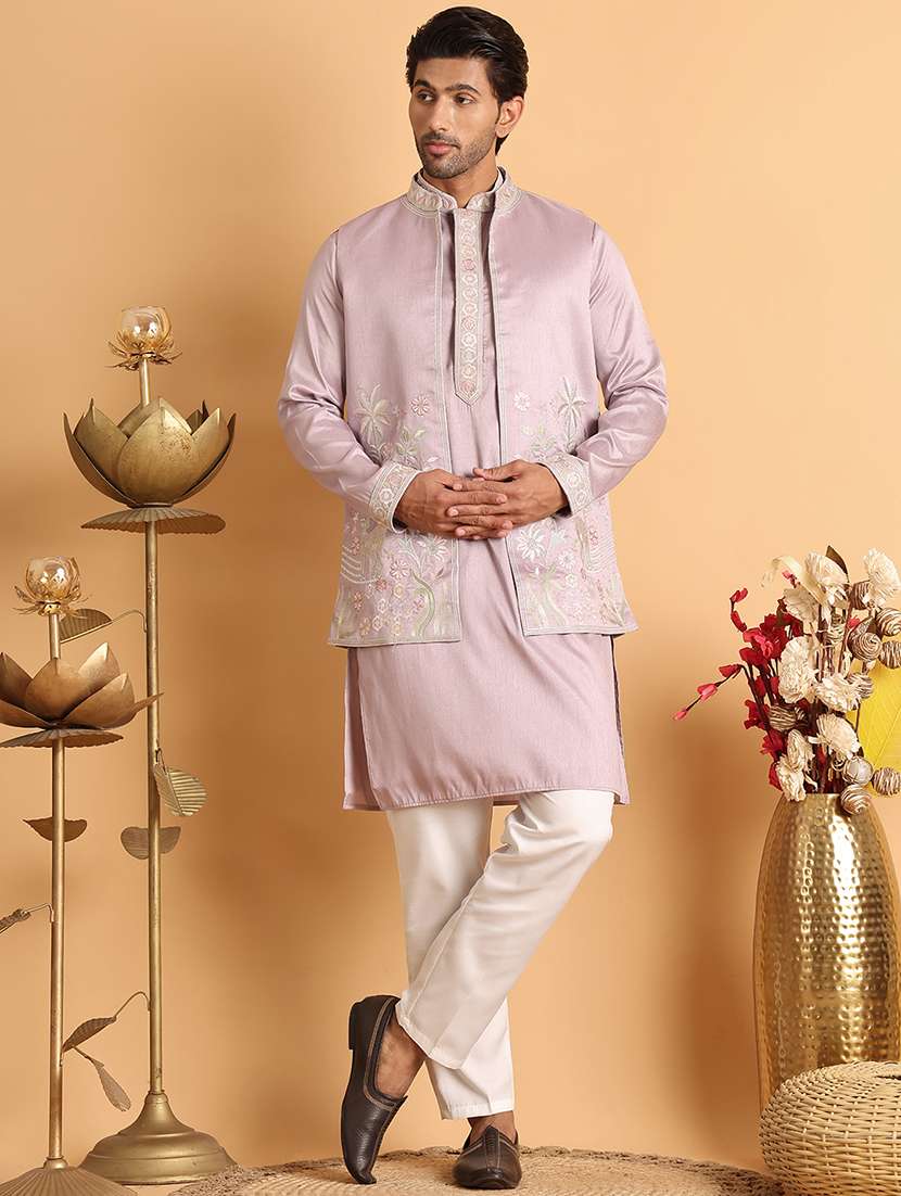 men lavender embroidered nehru jacket