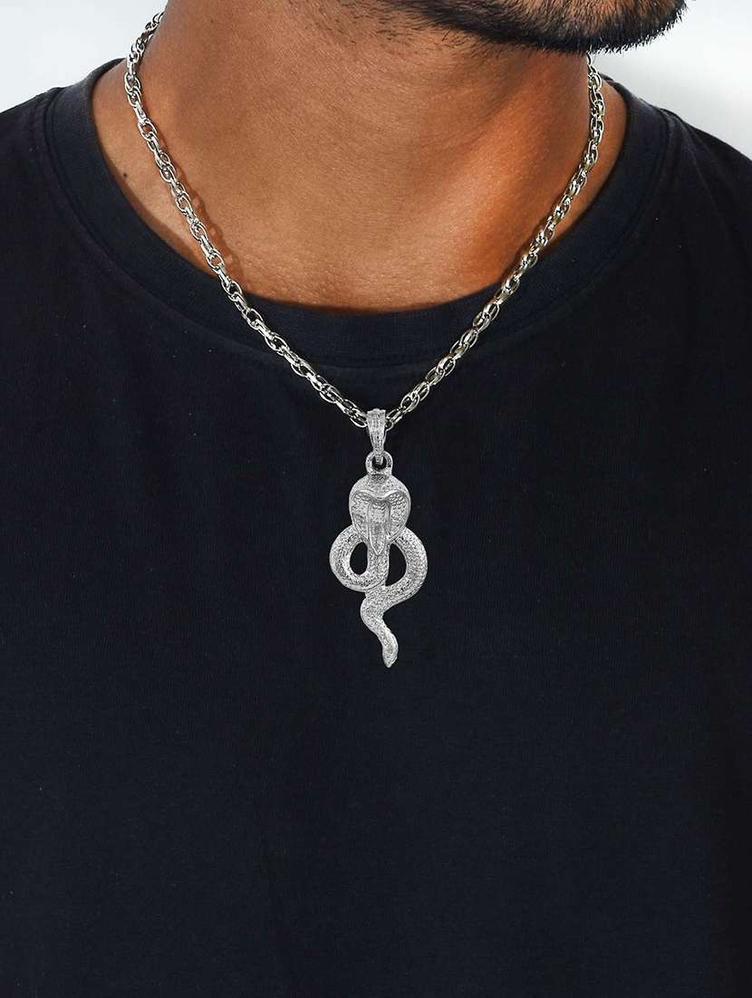 men silver plated sheshnag snake serpent shivji nag dev pendant with chain - 21664932 -  Standard Image - 3