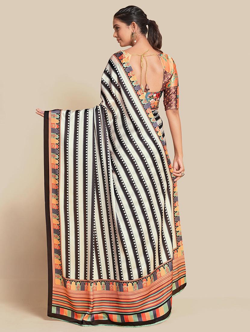 women black stripes printed saree with blouse - 21664956 - Standard Image - 3