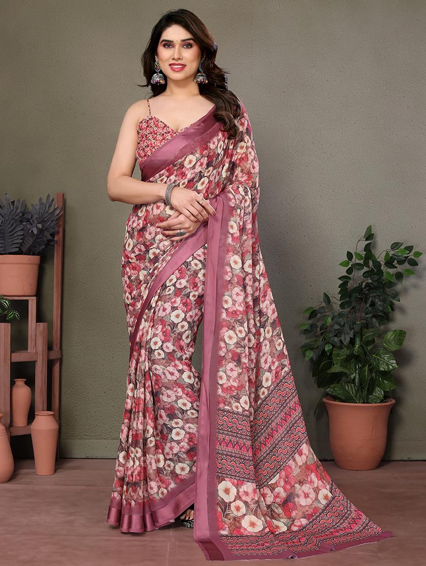 women pink floral printed saree with blouse