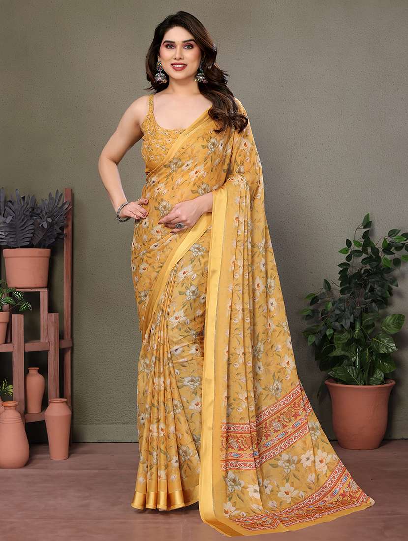 women yellow floral printed saree with blouse - 21665276 - Zoom Image - 0