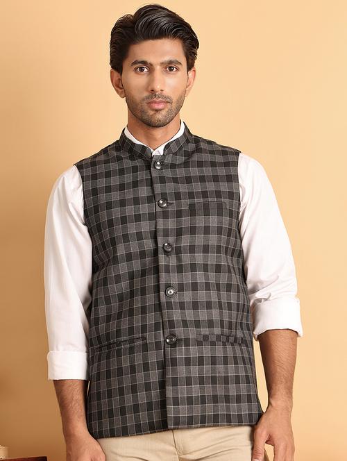 men checks mandarin neck nehru jacket - 21665463 -  Standard Image - 0
