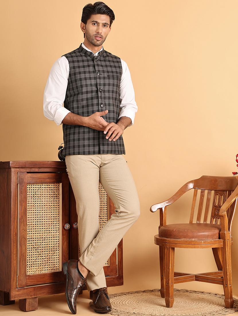 men checks mandarin neck nehru jacket - 21665463 - Standard Image - 3