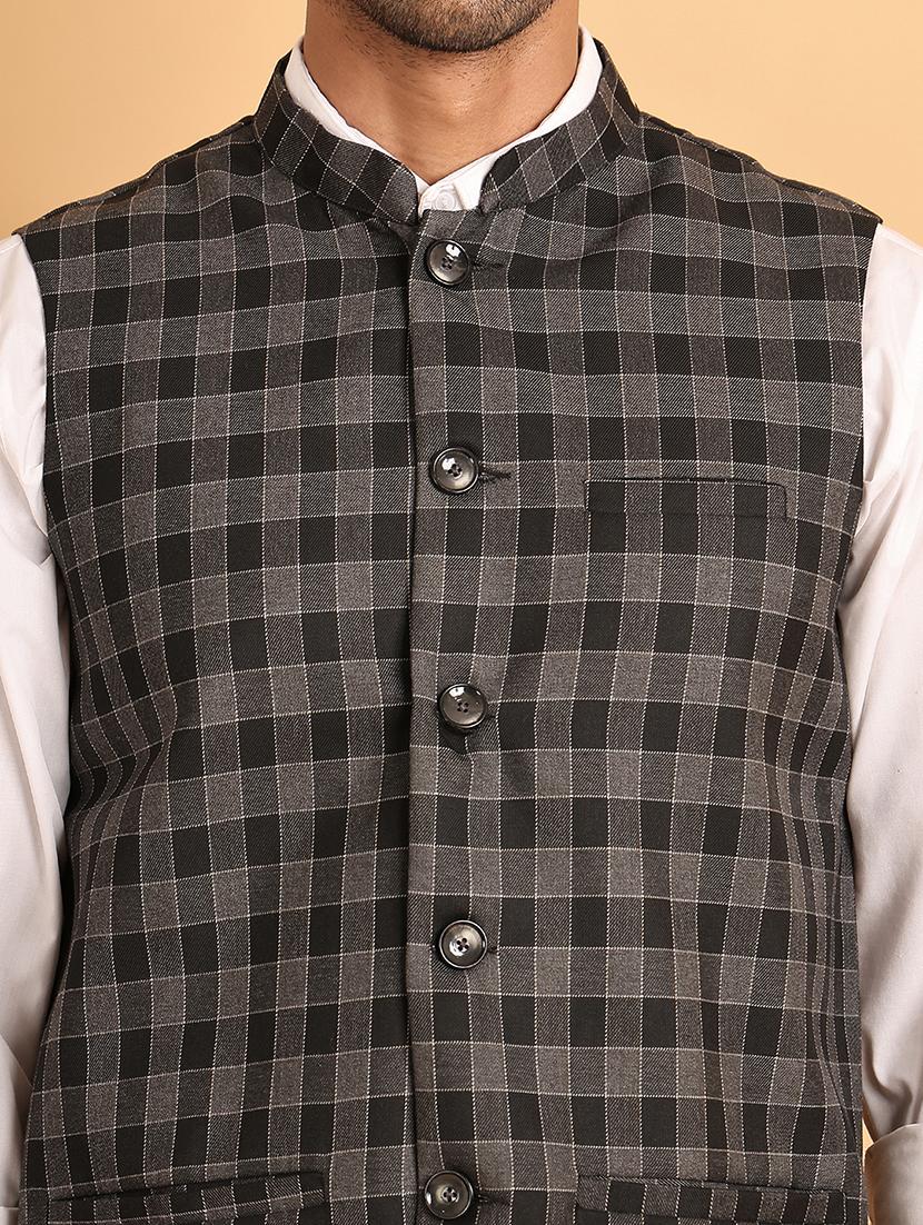 men checks mandarin neck nehru jacket - 21665463 - Standard Image - 5