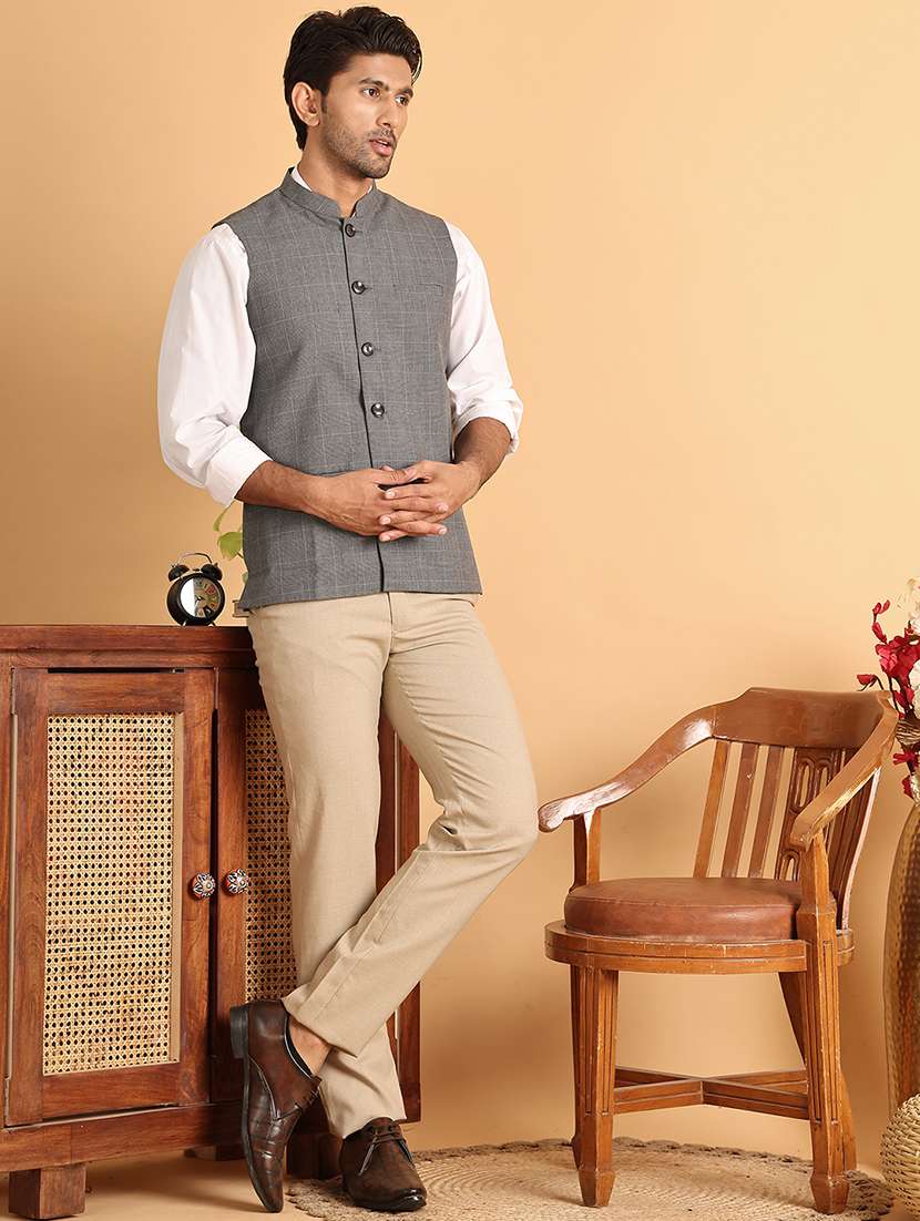 men checks mandarin neck nehru jacket - 21665466 -  Standard Image - 3