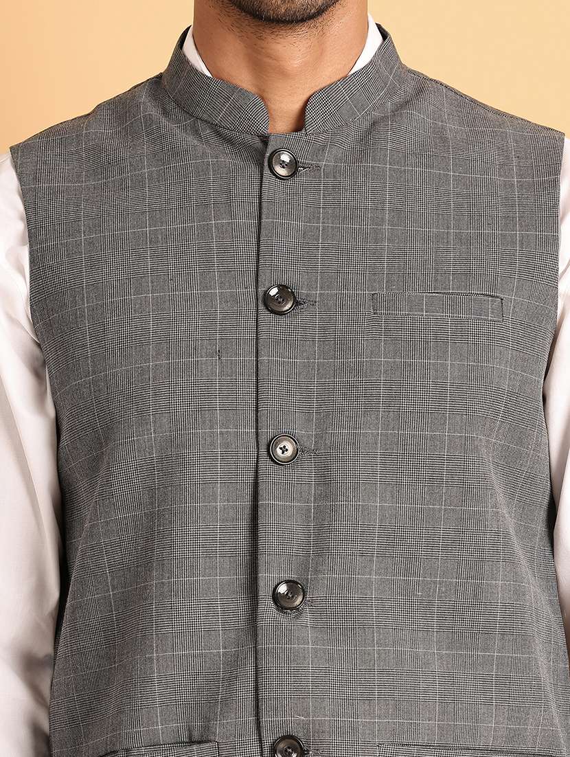men checks mandarin neck nehru jacket - 21665466 -  Standard Image - 5