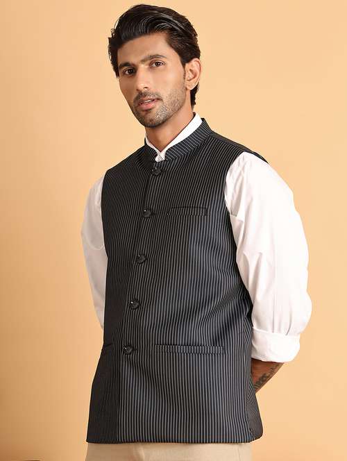 men stripes mandarin neck nehru jacket - 21665467 - Standard Image - 0