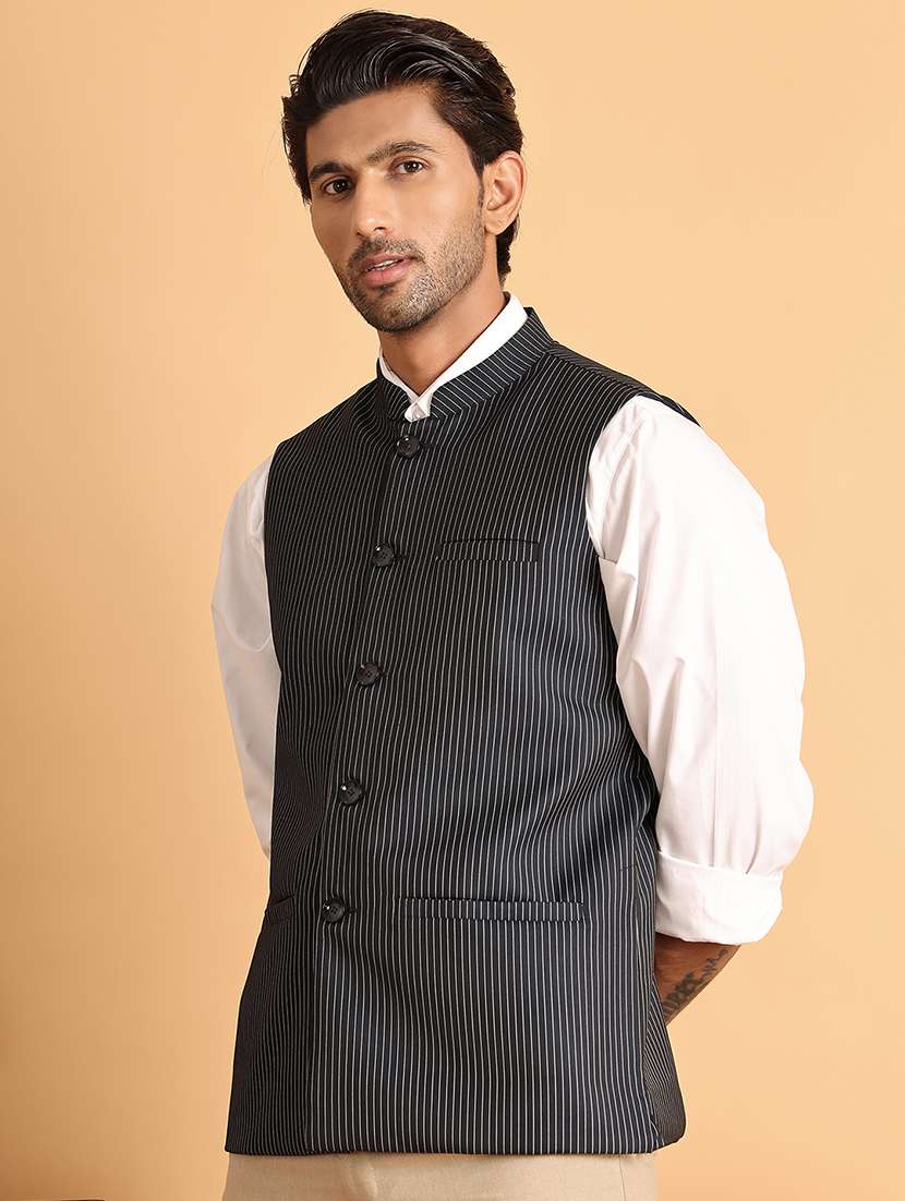 men stripes mandarin neck nehru jacket - 21665467 - Zoom Image - 0