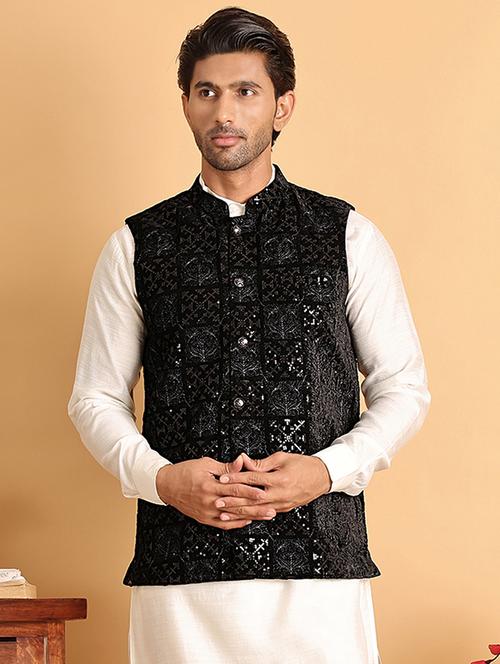 men black embroidered nehru jacket - 21665468 -  Standard Image - 0