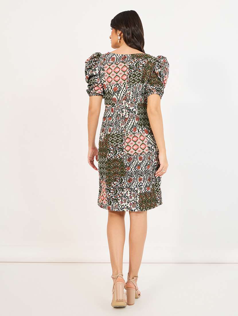women printed puff sleeves wrap dress - 21666334 - Standard Image - 3