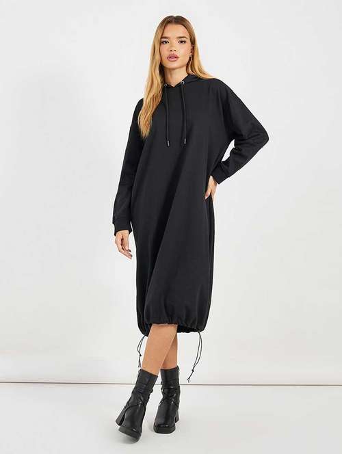 women solid long sleeves hooded t-shirt dress - 21666343 -  Standard Image - 0