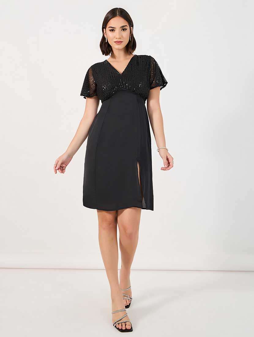 women sequined flute sleeves sheath dress