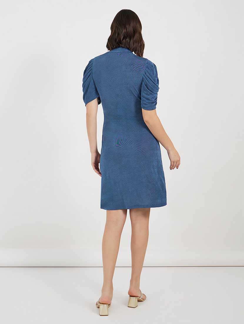 women solid high neck puff sleeves sheatth dress - 21666355 -  Standard Image - 3