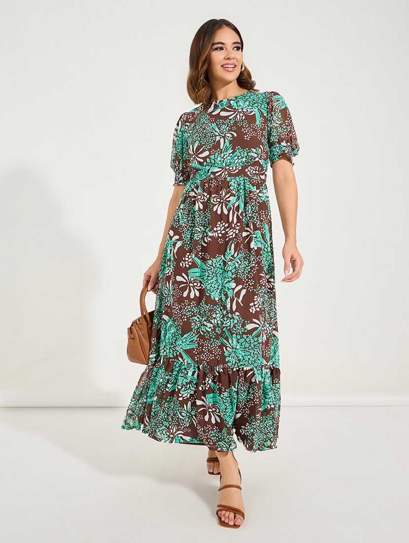 women printed puff sleeves tiered dress - 21666366 -  Zoom Image - 0