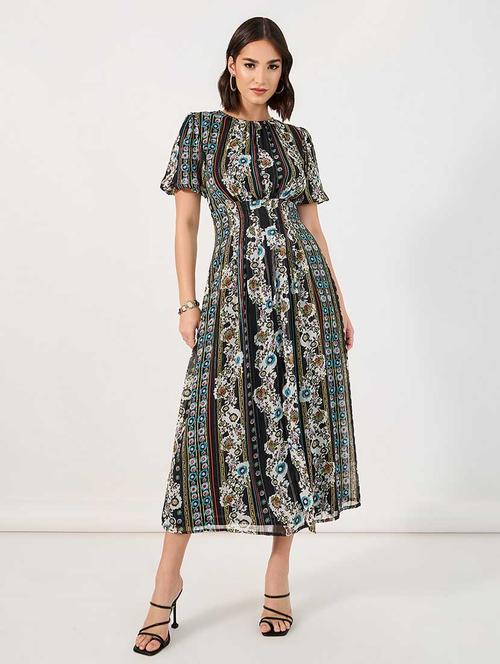 women printed puff sleeves fit & flare dress - 21666374 - Standard Image - 0