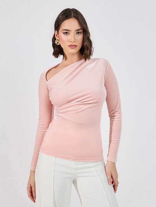 women solid asymmetric neck long sleeves top - 21666380 - Standard Image - 0