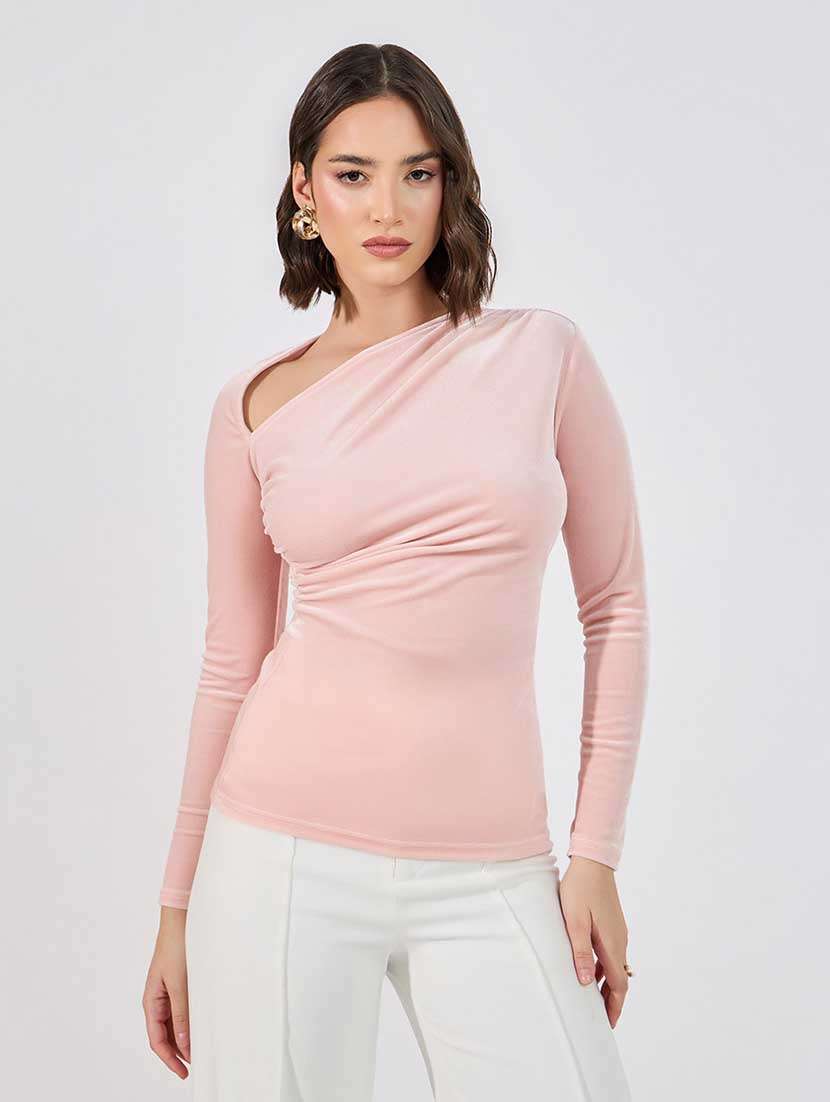 women solid asymmetric neck long sleeves top - 21666380 - Zoom Image - 0