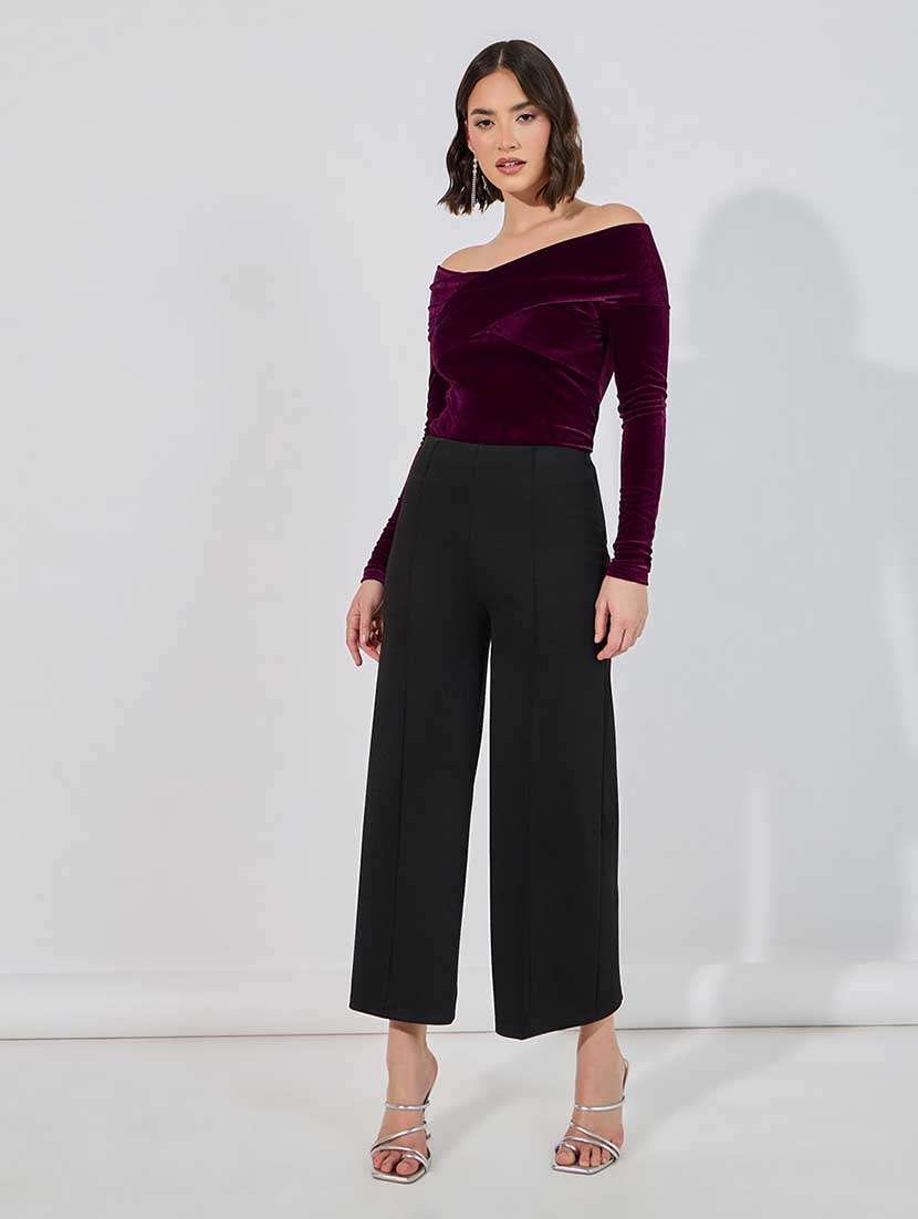 women solid off shoulder long sleeves top - 21666388 -  Standard Image - 3