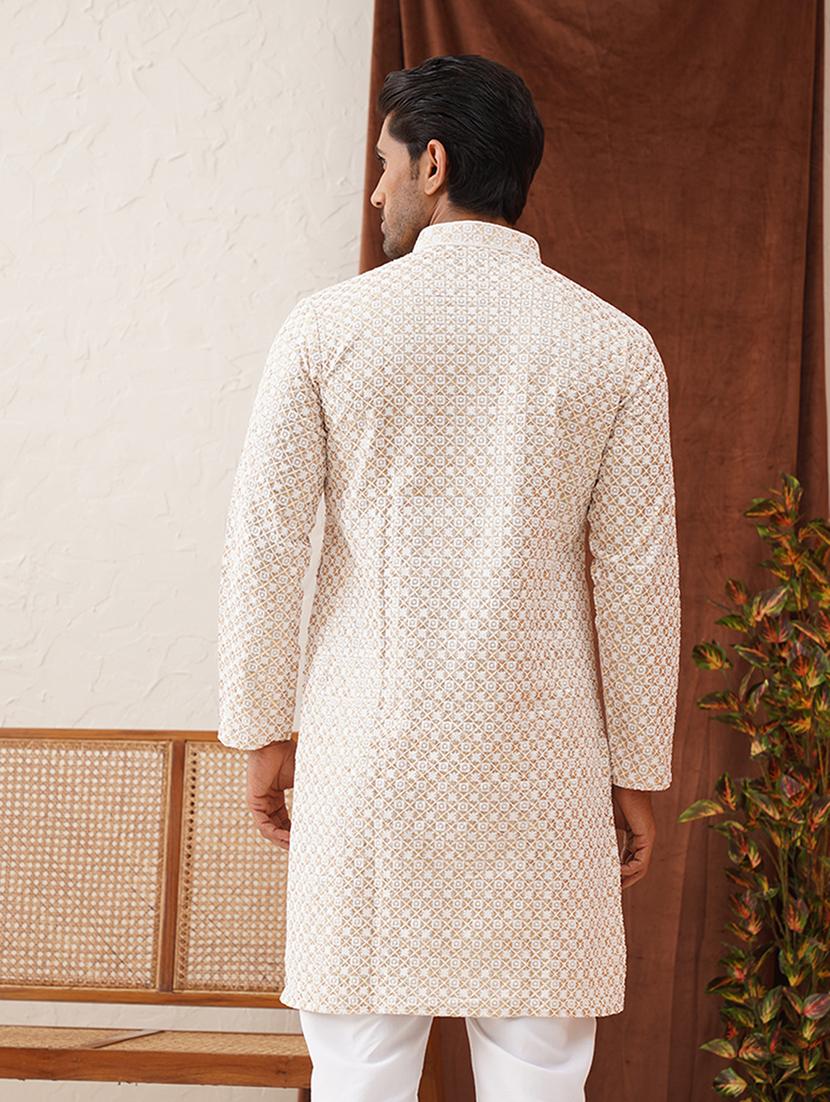 men mandarin neck embroidered long kurta - 21667093 - Standard Image - 3