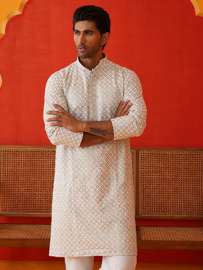 men mandarin neck embroidered long kurta