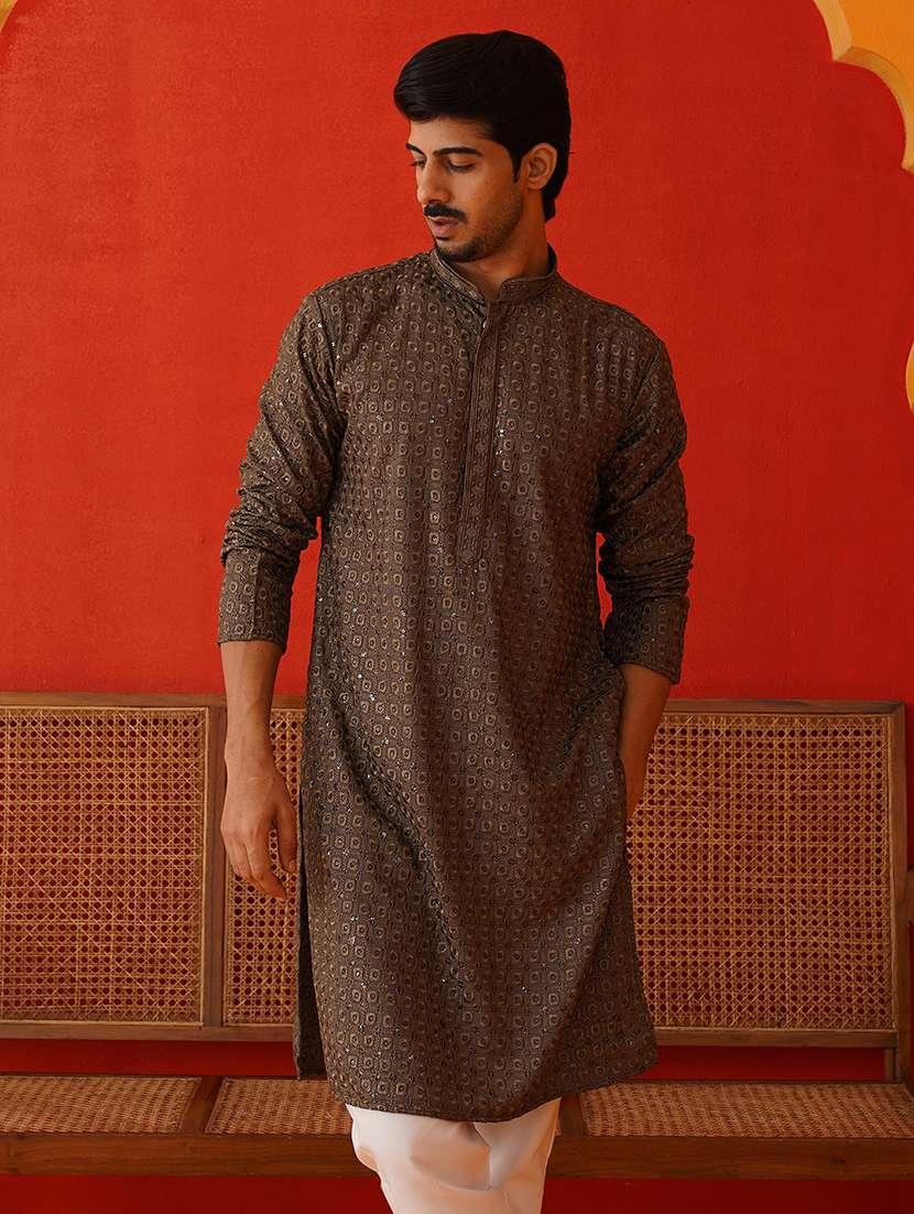 men mandarin neck embroidered long kurta - 21667105 -  Standard Image - 3