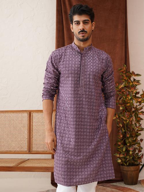 men mandarin neck embroidered long kurta - 21667107 - Standard Image - 0